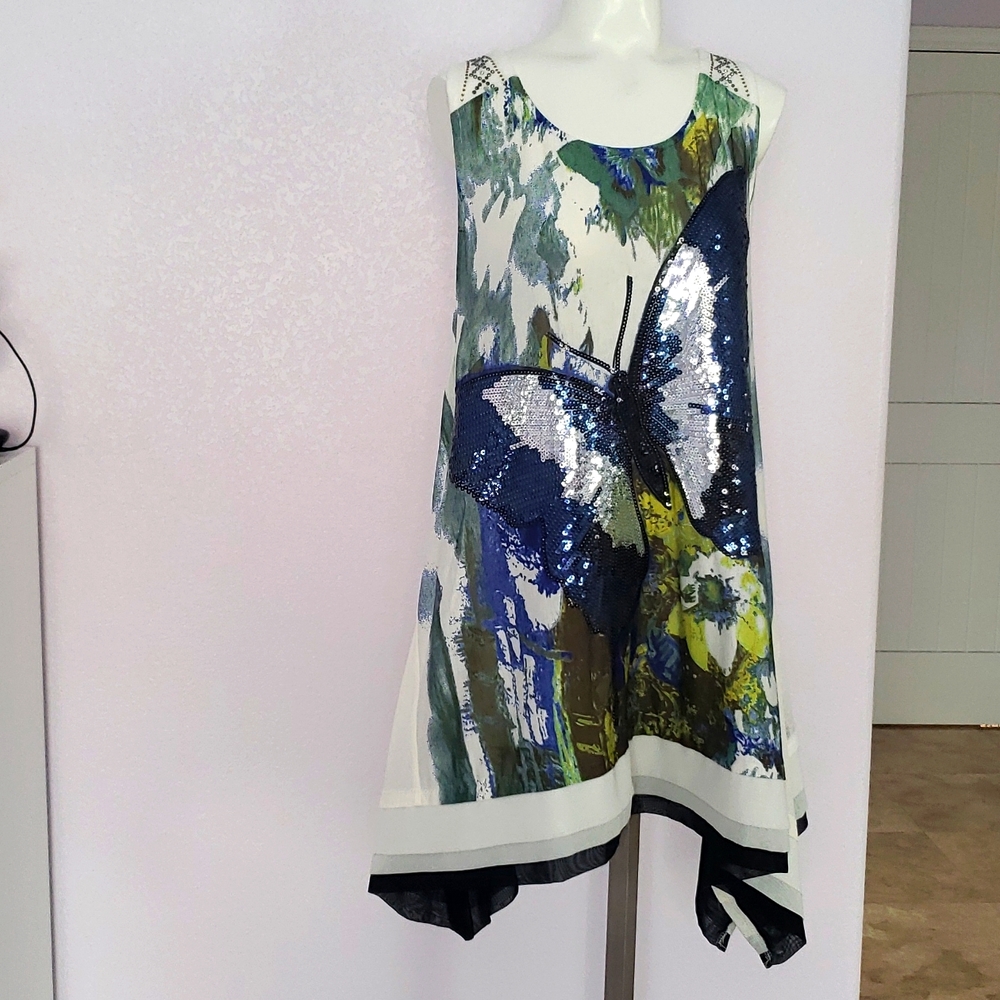 Sequin Butterfly Print Mini Dress in Blue and Green
